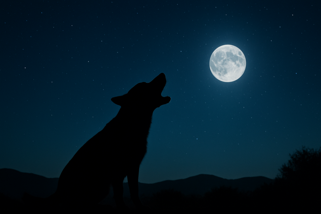 Dogs Bark at Night: A silhouette of a dog howling under a glowing full moon in a star-filled night sky with distant hills in the background. class=
