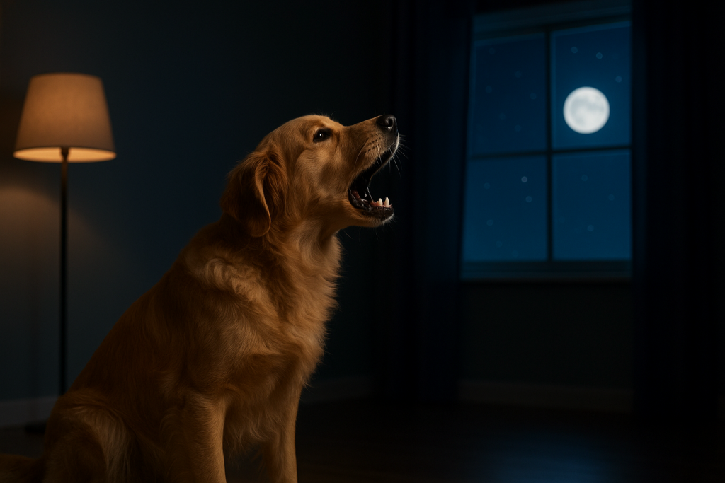 Dogs Bark at Night: A golden retriever barking indoors at night while looking toward a bright full moon through a window, illuminated by soft lamplight.